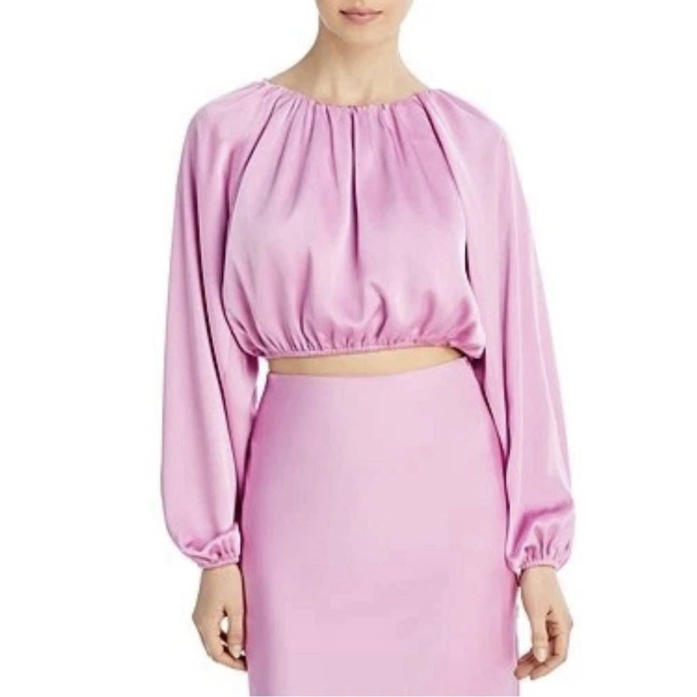 Lucy Paris Amethyst Pink Satin Pleated Cropped Blouse Balloon Sleeve XS NWT